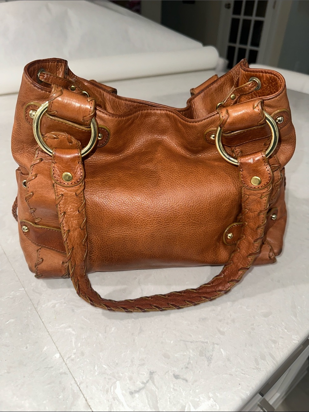 Vintage Y2K Kooba Tan Braided Leather Hobo Shoulder Bag Gold Hardware Boho